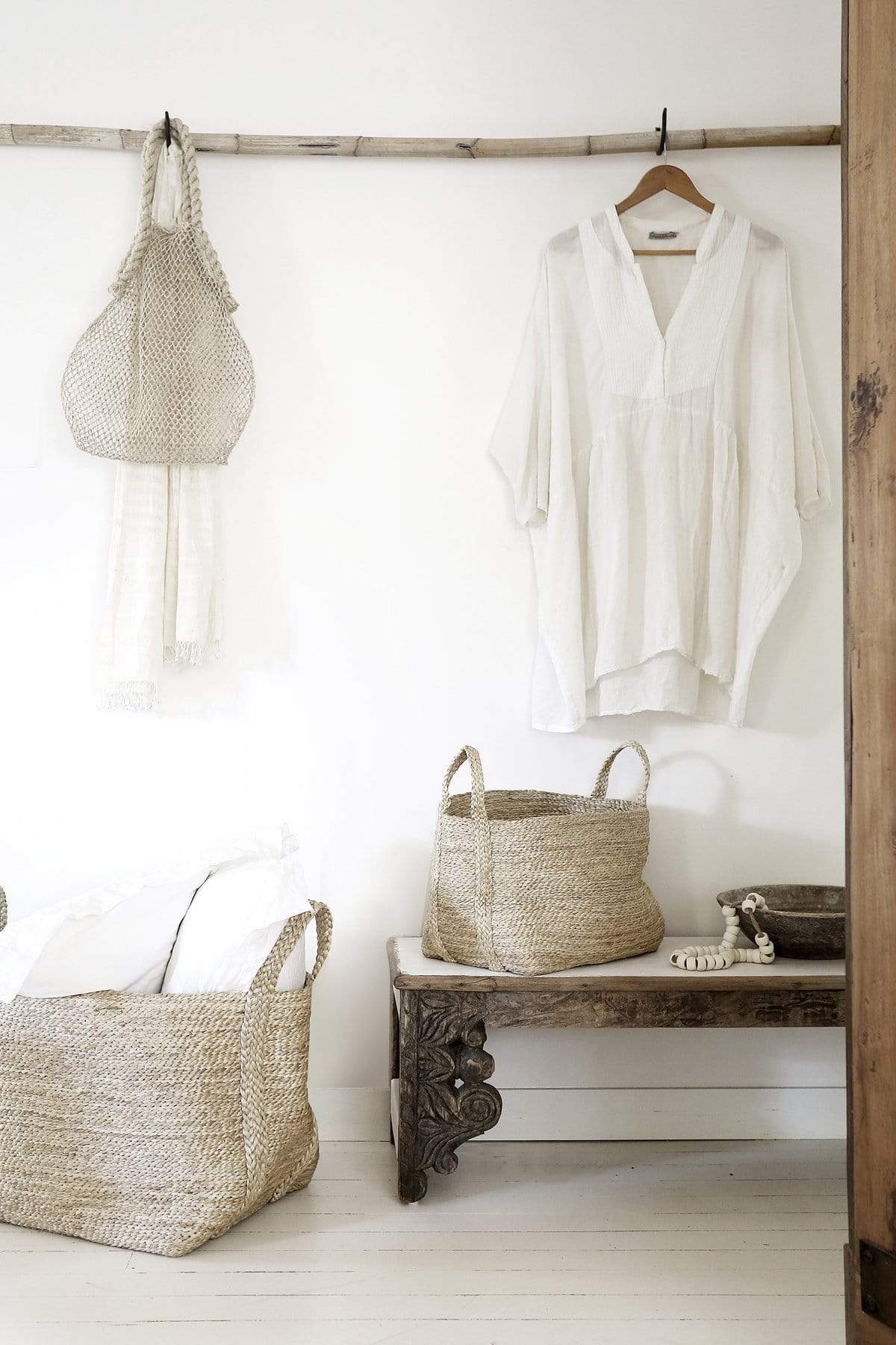 Small & Large Natural Jute Baskets in bedroom 