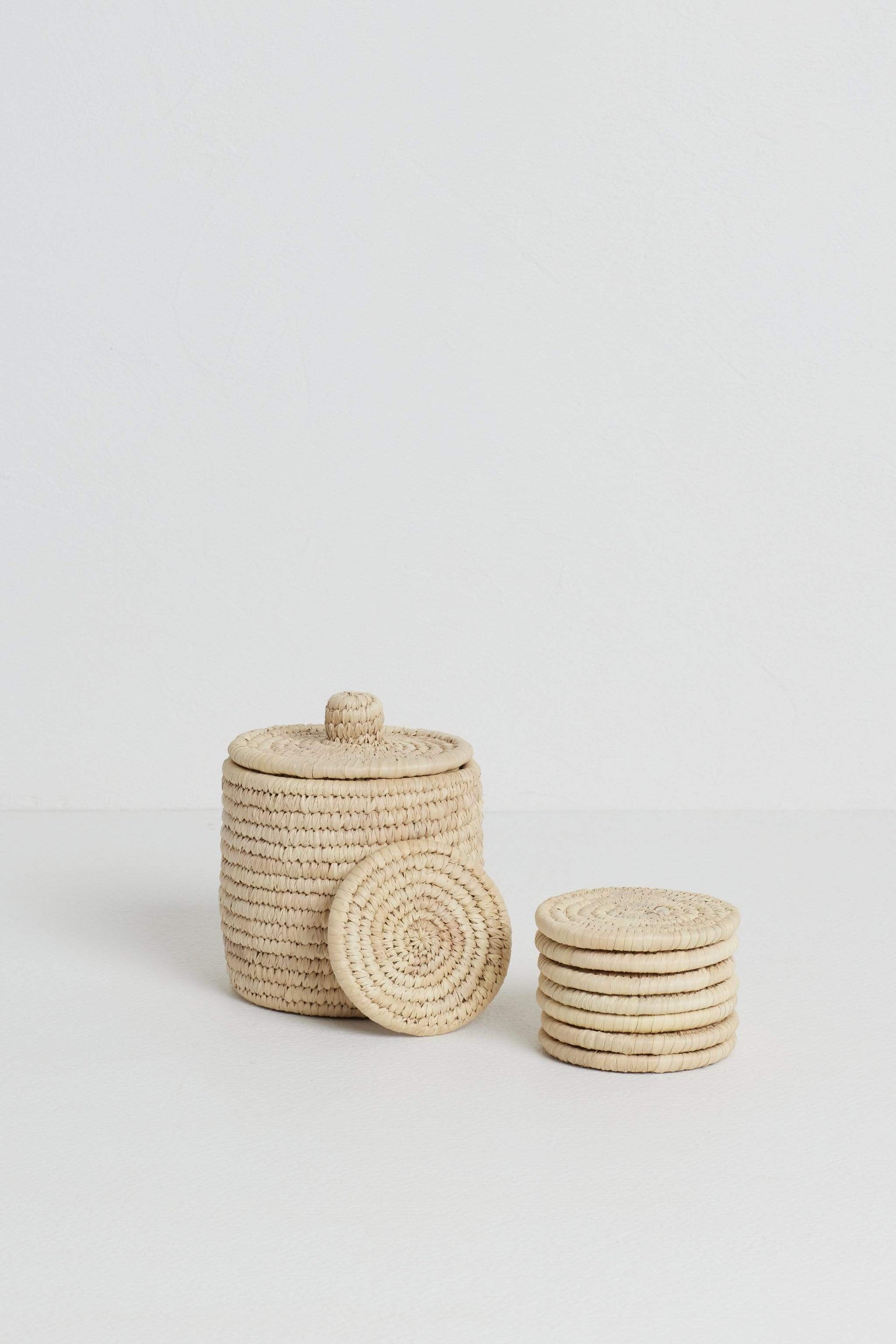 The Dharma Door Home, Table and Gifts Round Palm Fibre Coaster Set x 8 (in basket with lid) Round Palm Fibre Coasters x 8 (in basket with lid)